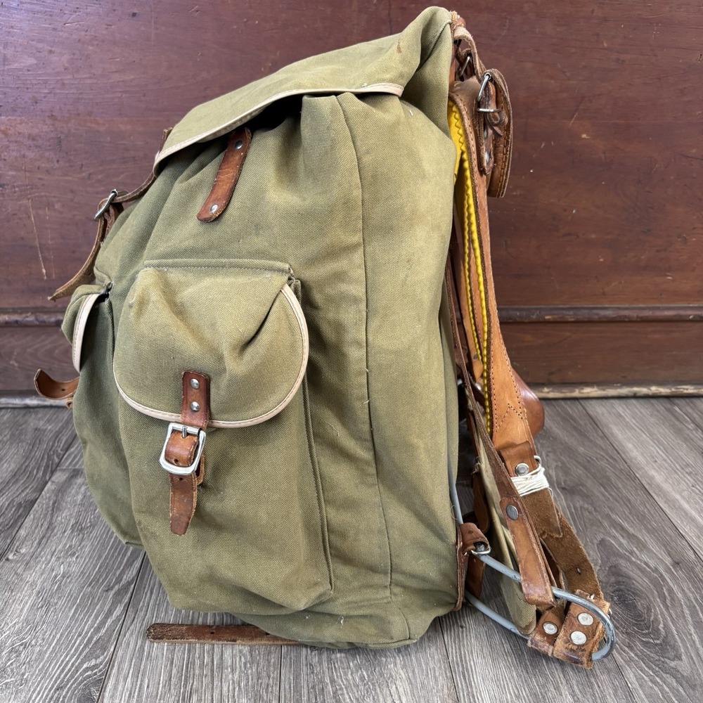 Vintage Rare Army Military Metal Framed Canvas Leather Backpack Ruck Sack - Picture 6 of 16
